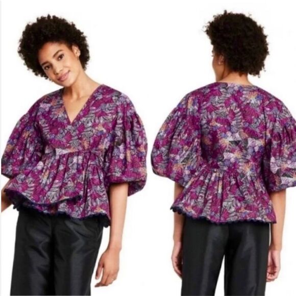 Kika Vargas X Target Purple Floral Puff Sleeve Wrap Blouse- New With Tags - Picture 1 of 15